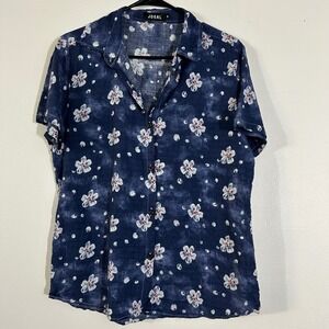JOGAL Floral Print Button Up‎ Shirt Women's Medium Blue White Short Sleeve